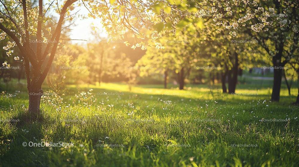 Sunlit Cherry Blossom Orchard in Springtime