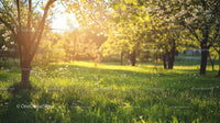 Sunlit Cherry Blossom Orchard in Springtime