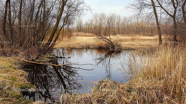 Peaceful Wetland with Bare Trees and Calm Water Reflection