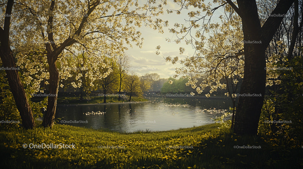 Cherry Blossoms by Tranquil Lake in Springtime