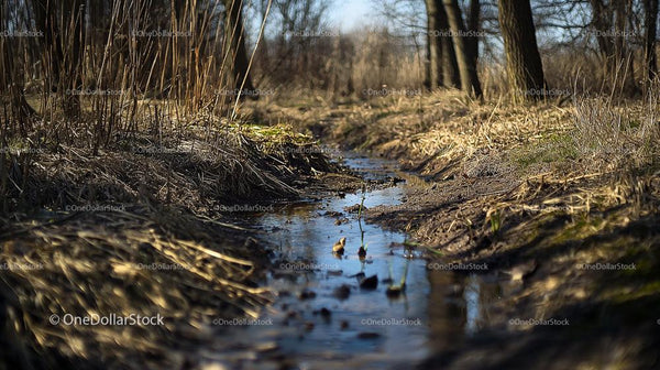 Tranquil Spring Stream Flowing through a Woodland Landscape