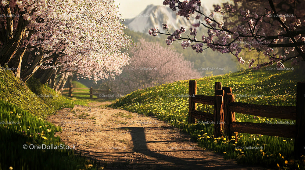 Serene Pathway with Cherry Blossoms in Full Bloom