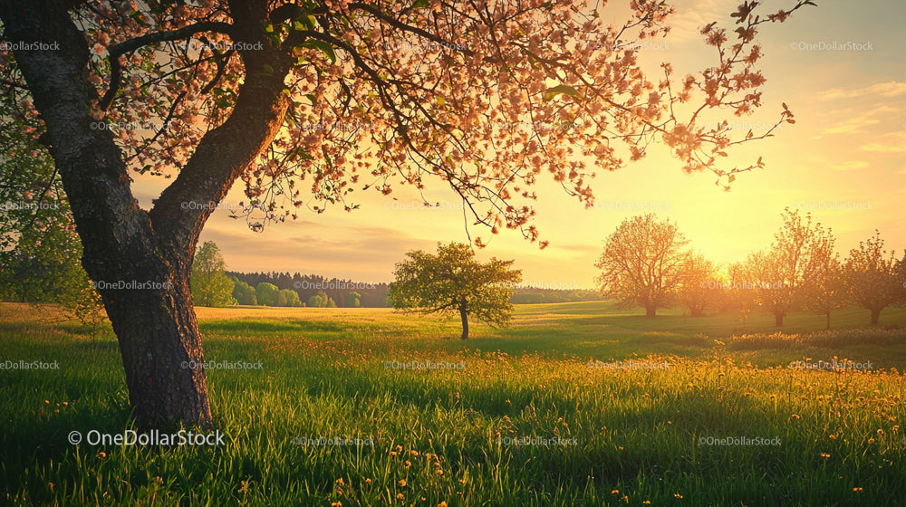 Blooming Cherry Tree Overlooking a Sunlit Green Meadow