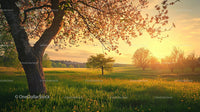 Blooming Cherry Tree Overlooking a Sunlit Green Meadow