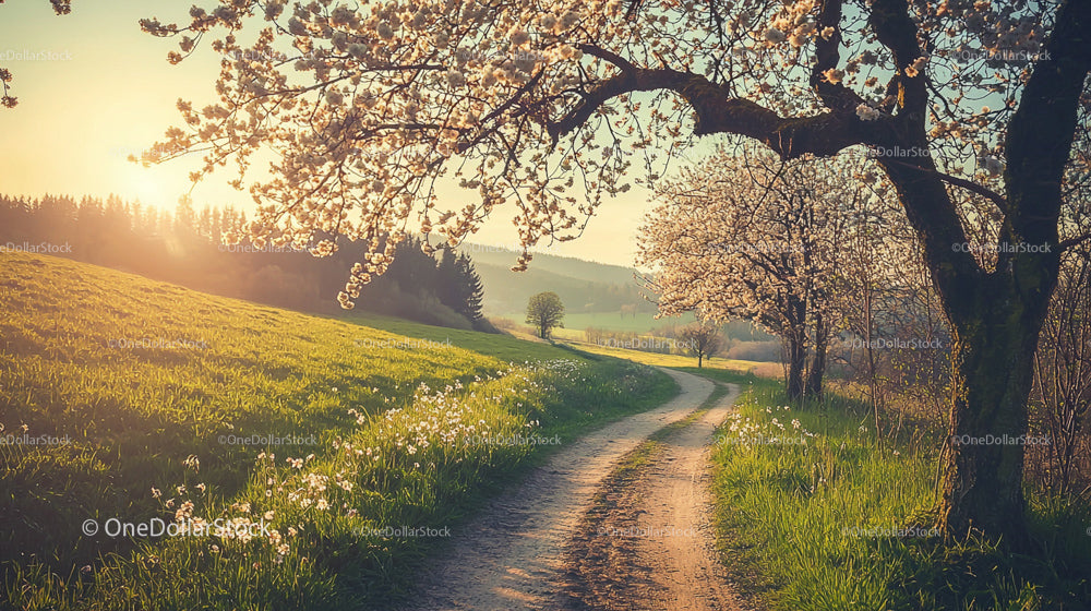 Idyllic Spring Path Lined with Blooming Cherry Trees at Sunrise