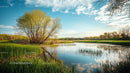 Tranquil River and Vibrant Greenery Under a Clear Blue Sky