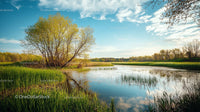 Tranquil River and Vibrant Greenery Under a Clear Blue Sky