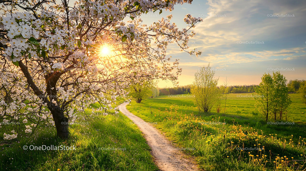 Blossoming Cherry Tree and Country Path at Sunset