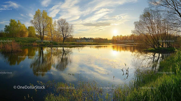 Golden Sunset Reflecting on Tranquil Lake with Birch Trees