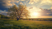 Sunset Over Field with a Single Tree and Scenic Sky