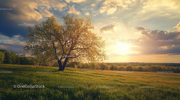 Sunset Over Field with a Single Tree and Scenic Sky