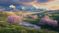 Scenic Spring Valley with Blooming Cherry Blossoms and Snowy Peaks