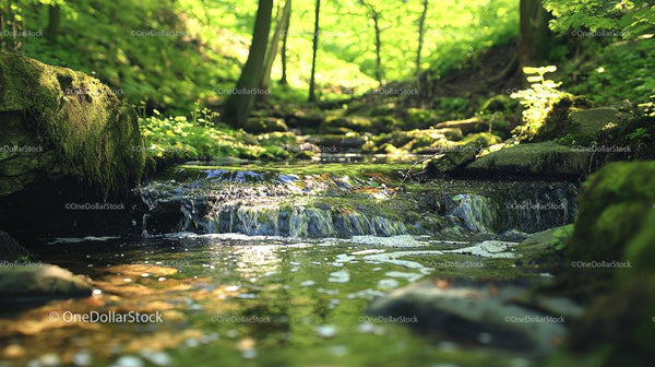 Tranquil Forest Stream with Sunlight and Mossy Rocks