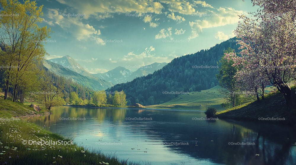 Scenic Mountain Lake with Blossoming Trees and Serene Reflection