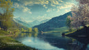 Scenic Mountain Lake with Blossoming Trees and Serene Reflection