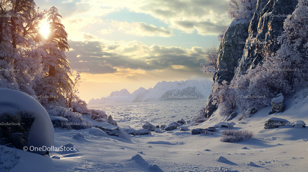 Sunset Over Snowy Mountain Landscape with Frosty Trees