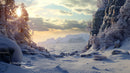Sunset Over Snowy Mountain Landscape with Frosty Trees