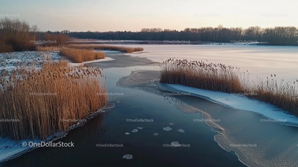 Zaśnieżony brzeg jeziora z trzcinami i lodem o wschodzie słońca