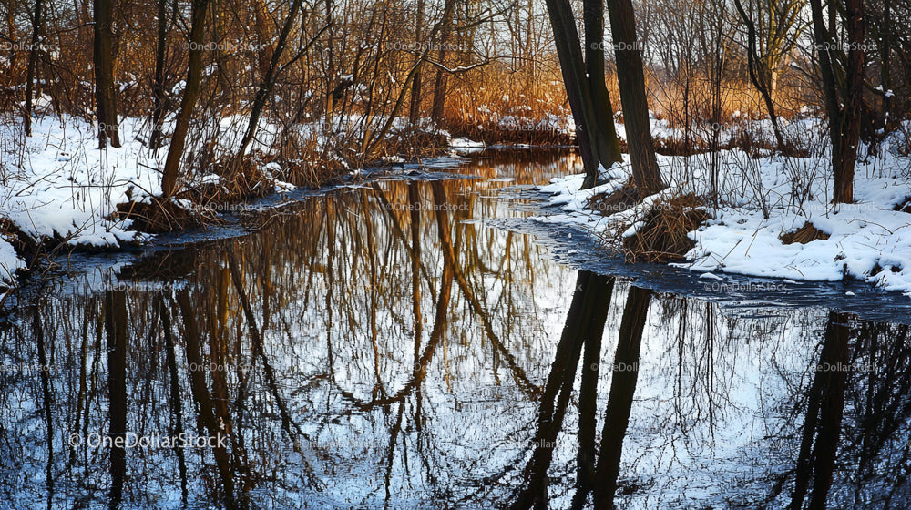 Serene Winter Landscape with Snow-Covered Stream and Trees