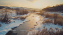 Serene Winter Landscape with Frozen River and Sunset Glow
