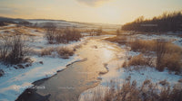 Serene Winter Landscape with Frozen River and Sunset Glow