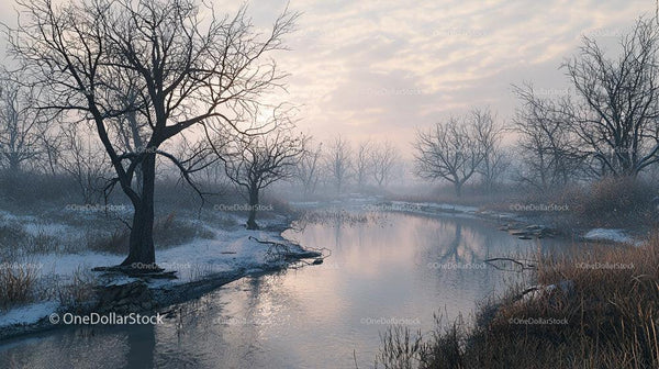 Tranquil Winter Landscape with Frosty Trees and River