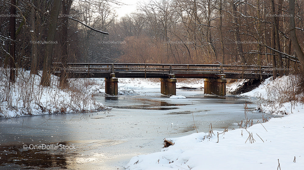 Wooden Bridge Over Frozen River in Snowy Forest