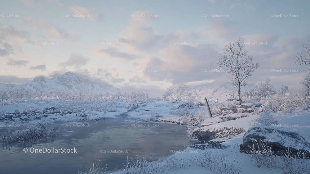 Tranquil Winter Landscape with Snow-Covered Mountains