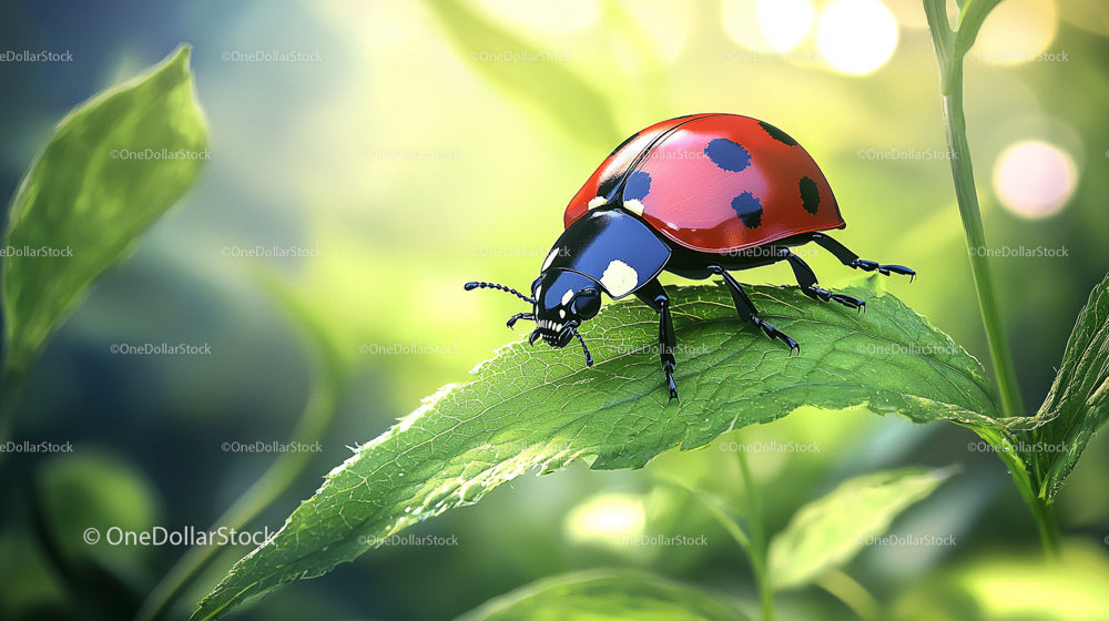 Red Ladybug on Green Leaf in Sunlit Garden