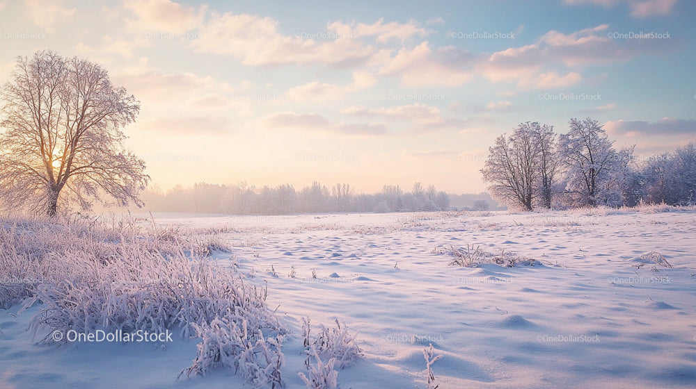 Serene Winter Landscape at Sunrise with Snow-Covered Trees