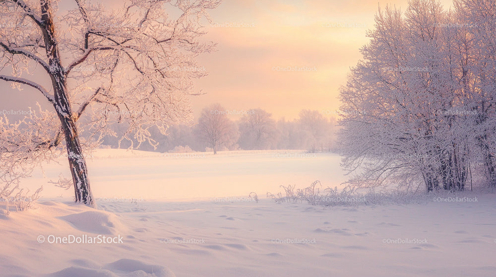 Serene Winter Morning with Snow-Covered Trees and Pastel Sky