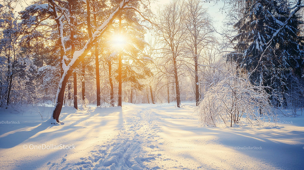 Sunlit Winter Path in a Serene Snowy Forest