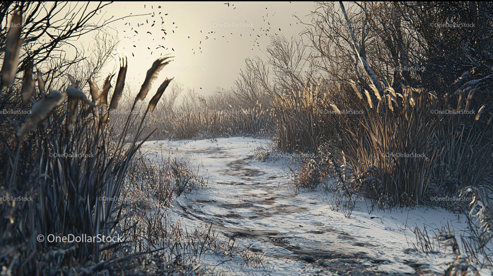 Snow-Covered Path in Serene Winter Landscape