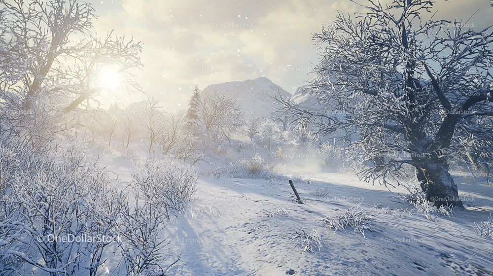 Serene Snowy Landscape with Sunlit Trees and Mountains