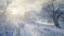 Serene Snowy Landscape with Sunlit Trees and Mountains