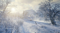 Serene Snowy Landscape with Sunlit Trees and Mountains