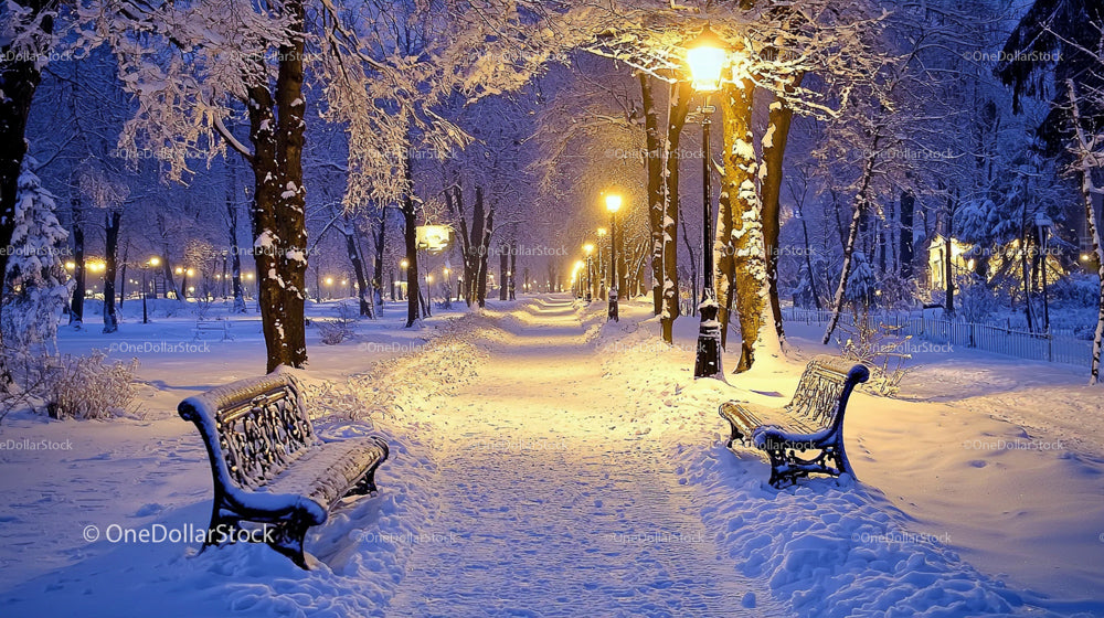 Snowy Park Path Illuminated by Soft Evening Street Lamps