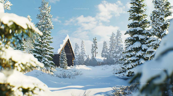 Snowy Cabin Retreat Amidst Pine-Filled Winter Wonderland