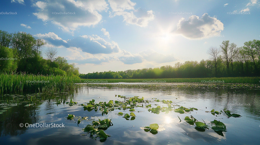 Sunny Lake with Lush Greenery and Reflections