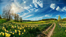 Vibrant Spring Meadow with Daffodils and Open Blue Sky