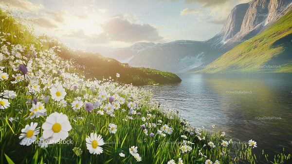 Idyllic Mountain Landscape with Blooming Wildflowers at Sunrise