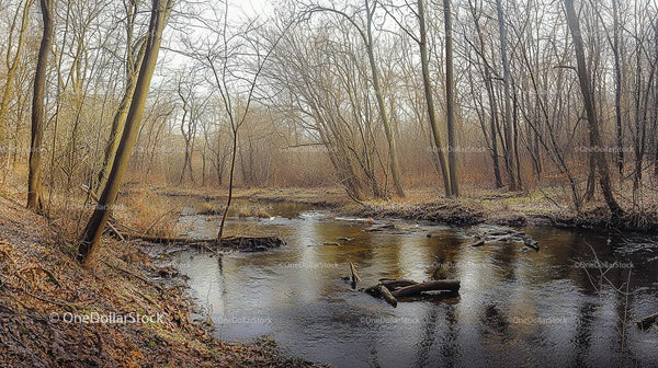 Tranquil Forest Stream Surrounded by Bare Winter Trees