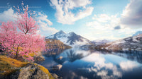 Cherry Blossoms by a Serene Mountain Lake in Spring