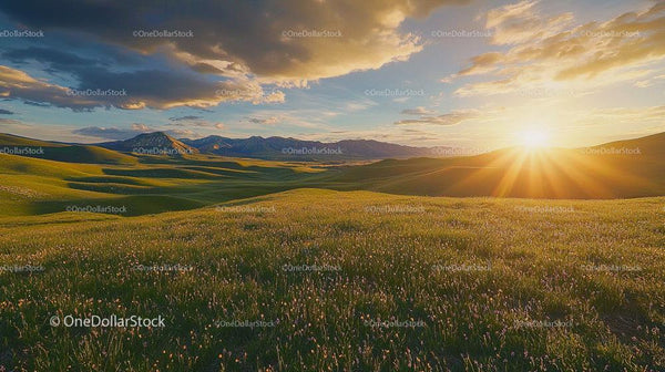 Golden Hour Over Rolling Hills and Majestic Mountains