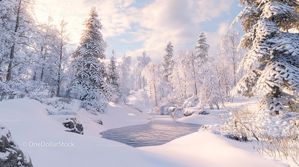 Scenic Winter Wonderland with Snow-Covered Pine Trees