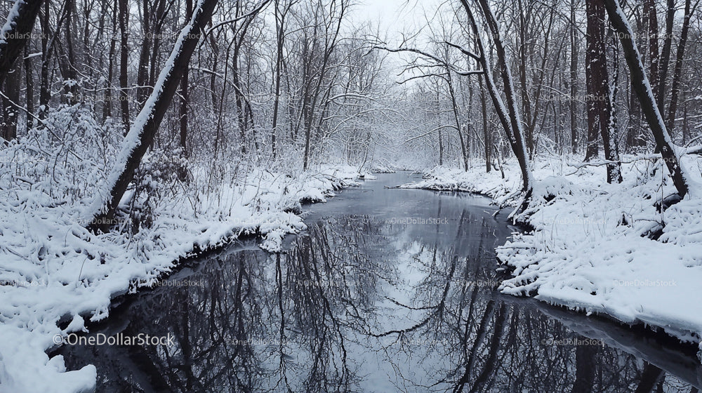 Frozen River and Snowy Forest in Winter Wonderland