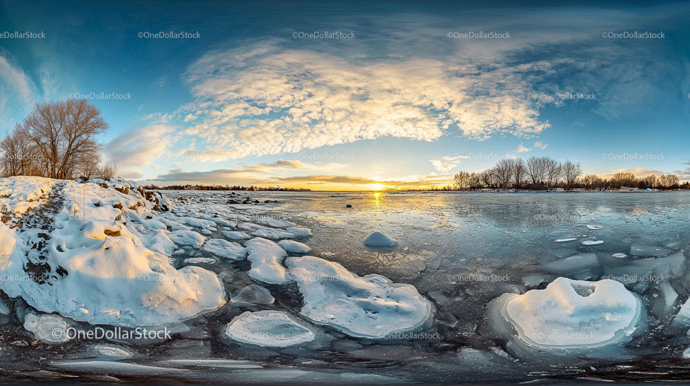 Panoramic Winter Sunset Over a Frozen Lake
