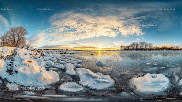 Panoramiczny Zimowy Zachód Słońca nad Zamarzniętym Jeziorem