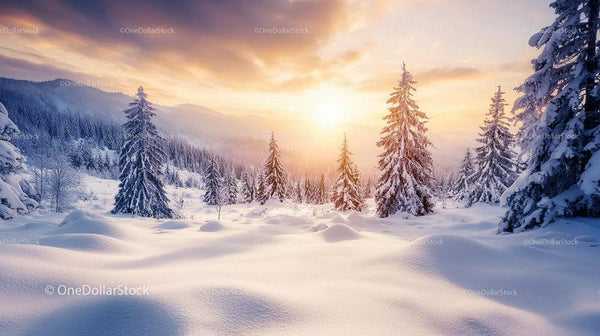 Snowy Forest at Sunrise with Majestic Pine Trees