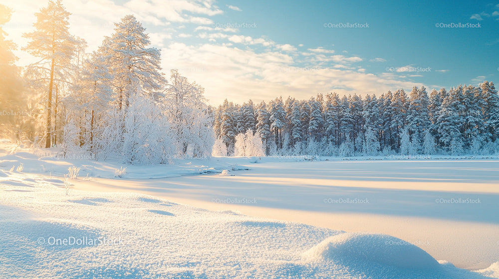 Sunlit Snow-Covered Pine Forest in Winter Tranquility